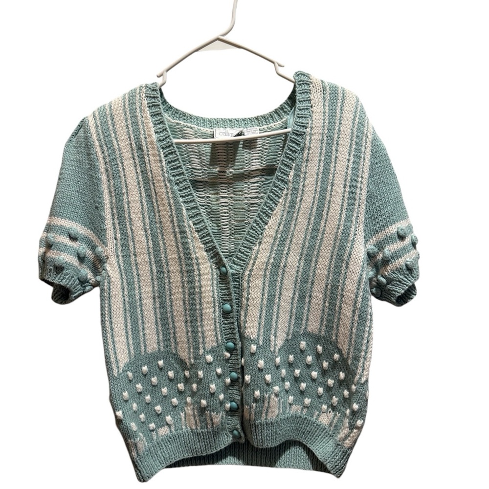Vintage Calliope women’s size large aqua and white short sleeve knit swe…